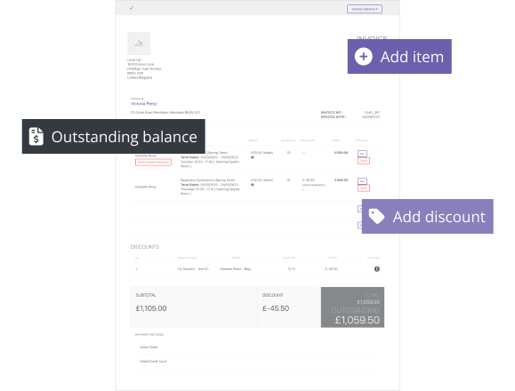 Create invoice where the user can add items, discounts, and view outstanding balance.