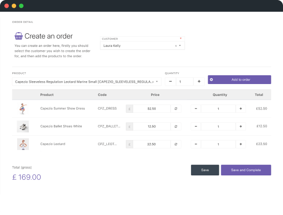 Order creation screen where you can assign products to a customer.