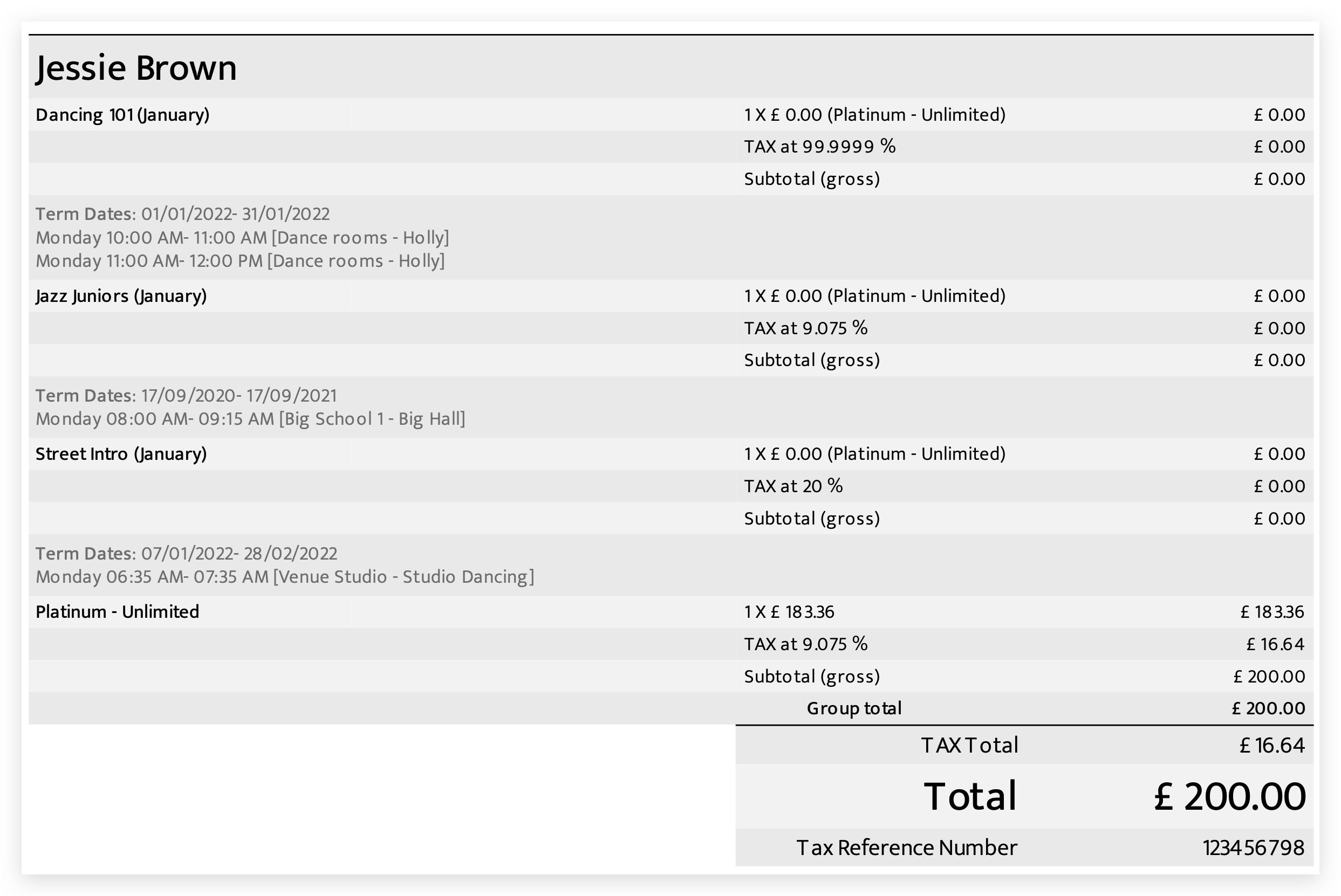 An example Class Manager Invoice billing with a Unlimited Package